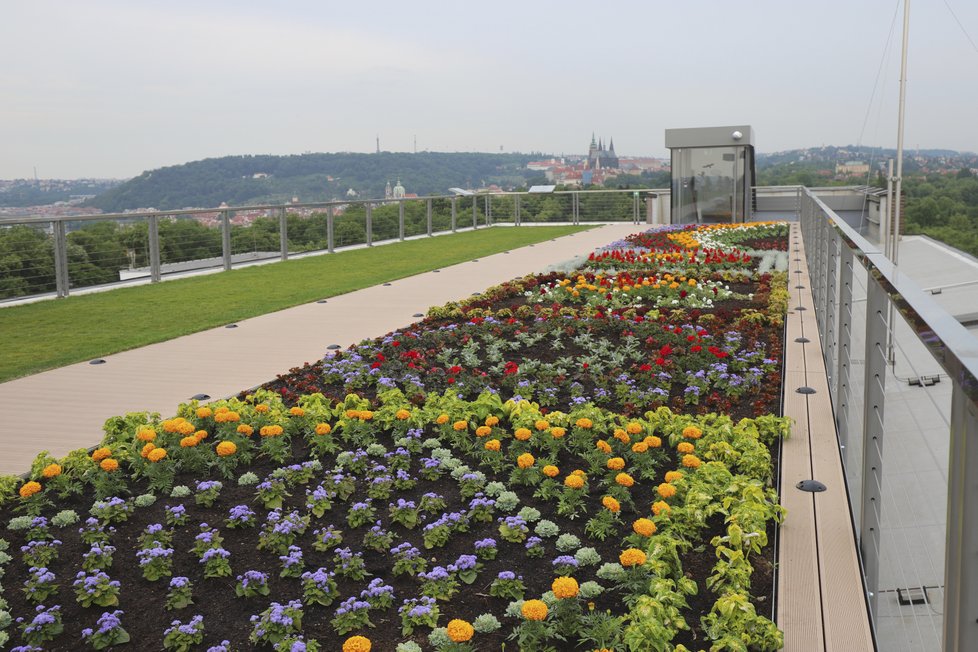 Levitující zahrada Národního zemědělského muzea nabízí úžasný výhled na pražské panorama.