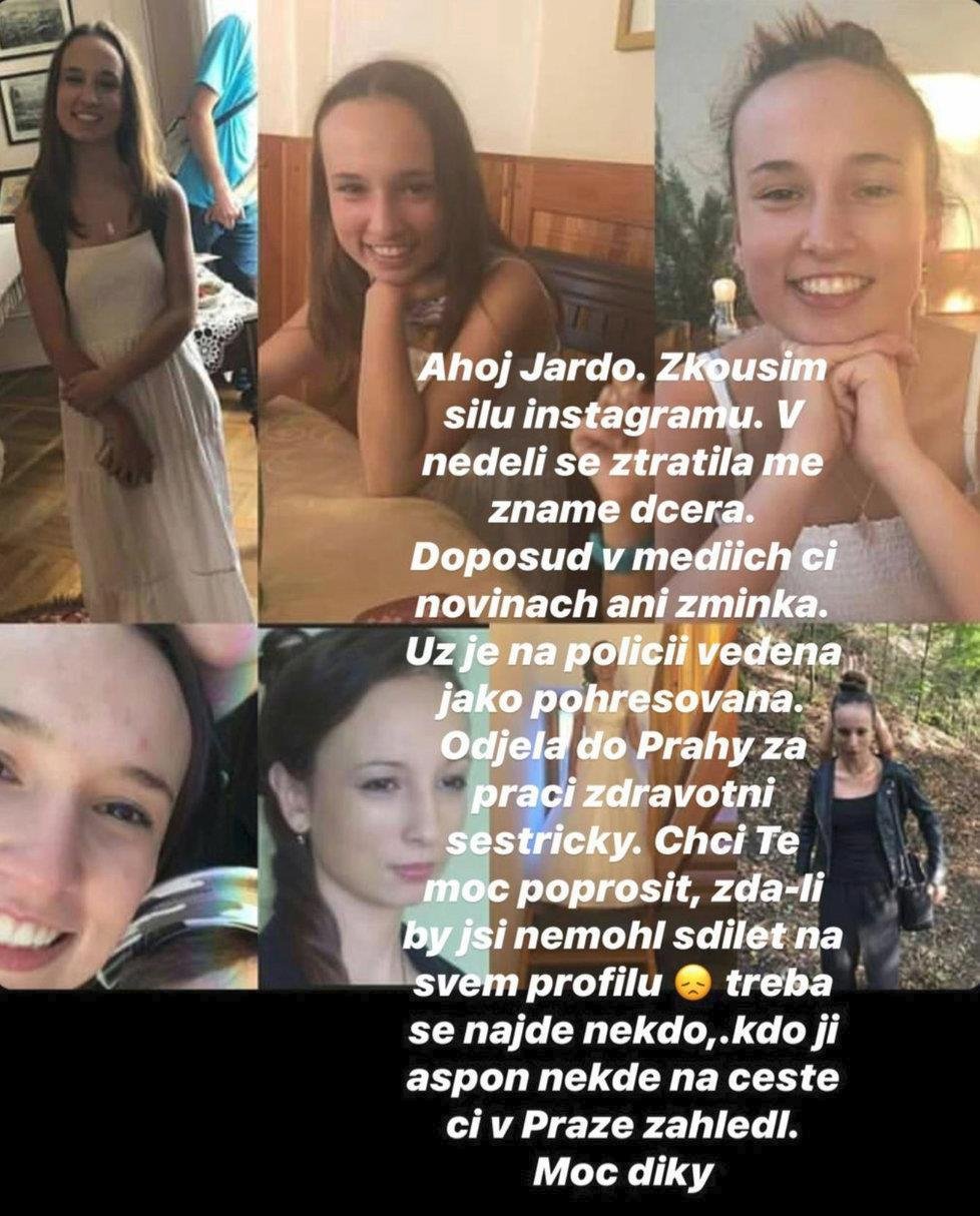 Text příspěvku o ztracené Natálce, kterým známí požádali Jágra o sdílení.