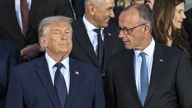 Společné focení lídrů před neformální večeří v Ankaře: Donald Trump a Friedrich Merz.