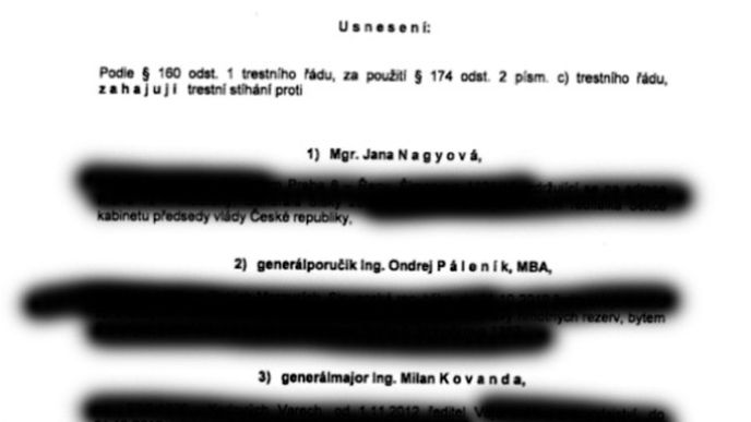 Usnesení o zahájení trestního stíhání proti Janě Nagyové, Ondreji Páleníkovi, Milanu Kovandovi a Janu Pohůnkovi