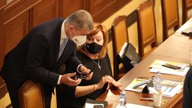 Jednání o nedůvěře vládě: Andrej Babiš a Alena Schillerová (3.6.2021)