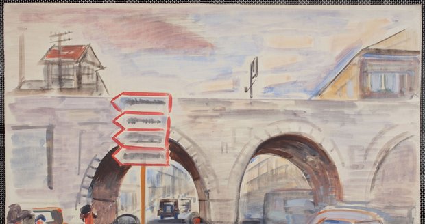 Karlínský viadukt v kresbě Jaroslava Gruse