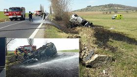U obce Věrušičky došlo k dopravní nehodě. Auto začalo po nehodě hořet.