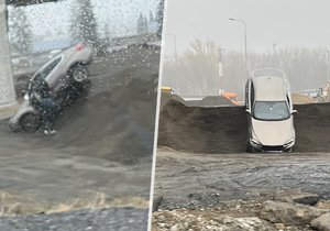 Řidič ve Frýdku- Místku zapíchl své BMW do hromady písku.