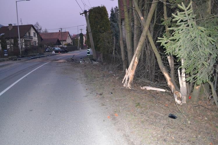 Auto přerazilo několik stromů a sloup elektrického vedení