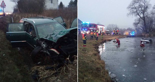 Při nehodě u Bochova se zranilo sedm lidí, včetně dítěte: Auto skončilo v zamrzlém rybníku!