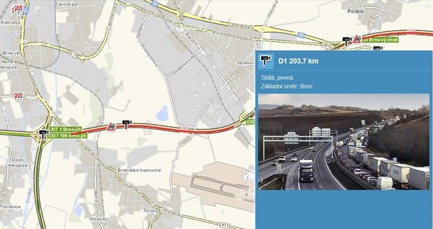 Na dálnici D1 ve směru z Brna do Vyškova se tvoří dlouhé kolony.