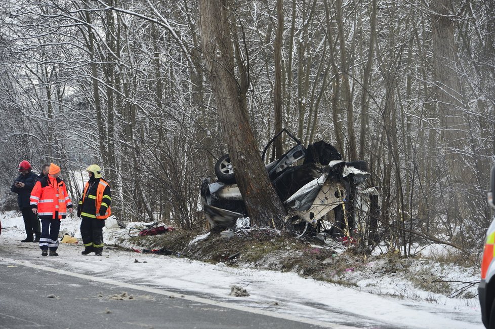 Auto na dálnici D10 narazilo do stromu, poté začalo hořet.