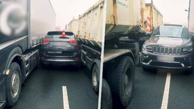 Kuriozní nehoda u Kyžlířova: Řidič skončil s SUV zaklíněný mezi dvěma kamiony