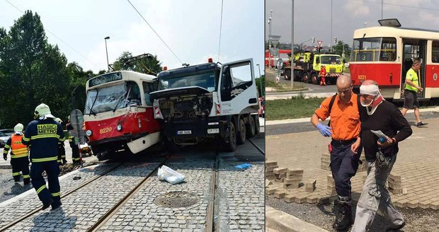 Náklaďák v Karlíně vletěl do tramvaje: Pro 6 zraněných přijela záchranka 