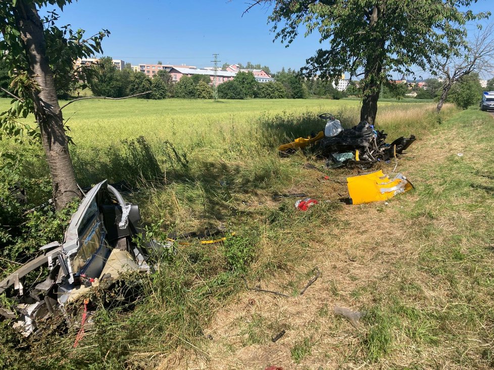 Audi R8 zůstalo po nehodě omotané kolem stromu a trosky rozházené všude kolem.