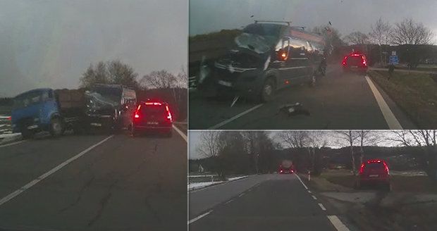 Děsivá nehoda na Havlíčkobrodsku: Dodávka napálila odstavený náklaďák i auto v protisměru