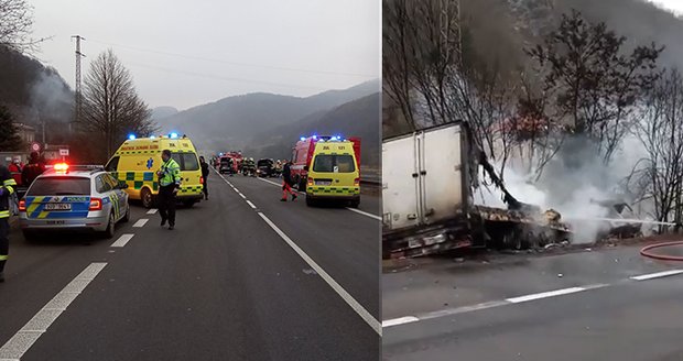 Kamion na Ústecku v protisměru smetl dvě auta: Jedno začalo hořet, řidička zemřela