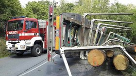 Řidič náklaďáku s kládami vyvázl bez újmy na zdraví. Nehoda ale zablokovala až do večera silnici mezí Zbýšovem a Oslavany na Brněnsku.