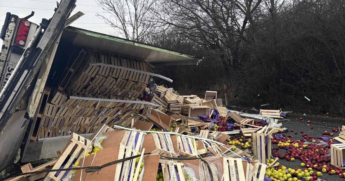 Mikulov: Un camión volcado lleno de manzanas en la carretera Mikulov: Un camión volcado lleno de manzanas en la carretera