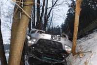 Kuriózní nehoda: Šofér napasoval auťák střechou dolů mezi stromy. Pak počkal na hasiče