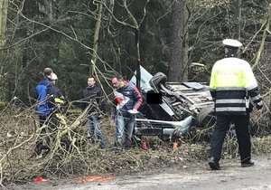 Auto se po nárazu do stromu u Libušína převrátilo na střechu.