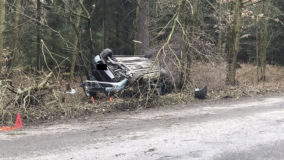 Auto se po nárazu do stromu u Libušína převrátilo na střechu.