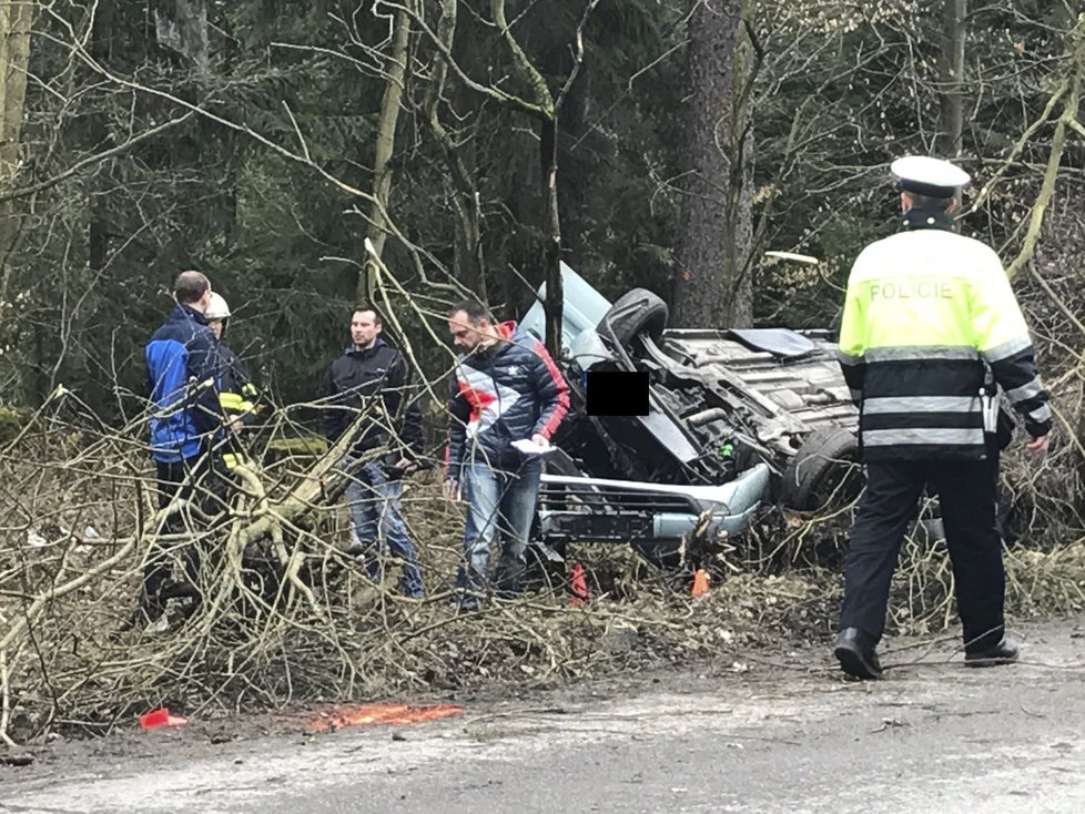 Auto se po nárazu do stromu u Libušína převrátilo na střechu.