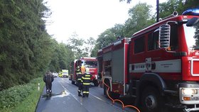 Při nehodě u Lidečka na Vsetínsku po čelním nárazu uhořel řidič. Pro dvě děti letěl vrtulník