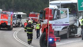 Autobus plný dětí se u Mělníku srazil s náklaďákem.