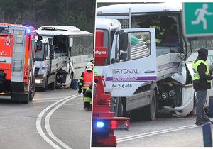 Autobus plný dětí se u Mělníku srazil s náklaďákem.