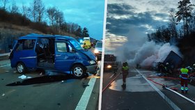 Nehoda dodávky a kamionu na 131. kilometru D1 ve směru na Brno, 18. února 2023 u Měřína na Žďársku.