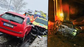 Problémy na silnicích: Do hromadné nehody v Praze se přimotala i sanitka, na Olomoucku došlo ke smrtelné nehodě