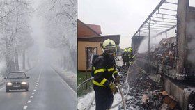 Mlha a ledovka zpomaluje dopravu, na Mladoboleslavsku hořel kamion