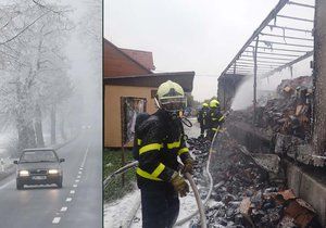 Mlha a ledovka zpomaluje dopravu, na Mladoboleslavsku hořel kamion
