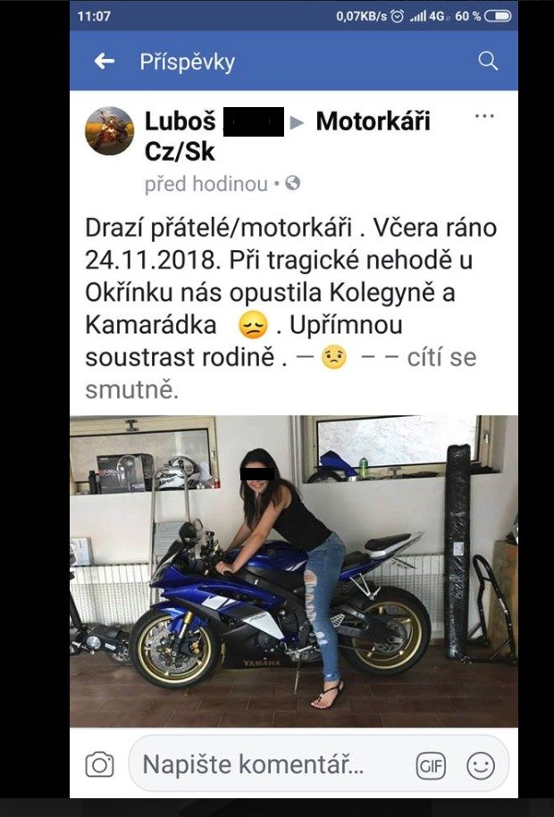 V autě smrti zemřela motorkářka Petra.