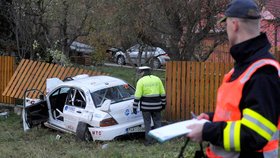 Závodní vůz skončil napasovaný v plotě přilehlého domku