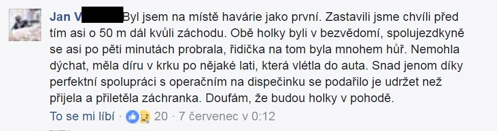 Tohle v noci po nehodě psal na Facebook Jan V., který byl ze svědků na místě jako první.