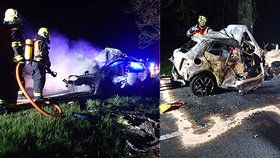 Tragická noc na Chomutovsku: V autě po nehodě uhořel řidič.