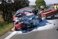 Čelní střet aut zabil oba řidiče a jezevčíka, tři lidé se zranili