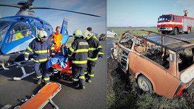 Svědci hrdinové: Z hořícího Trabantu vyprostili zaklíněného řidiče. Do nemocnice letěl vrtulníkem!