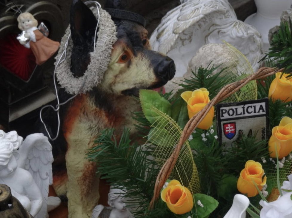 Soška psa na hrobu Michaely od policistů, kterým dívka cvičila služební psy.