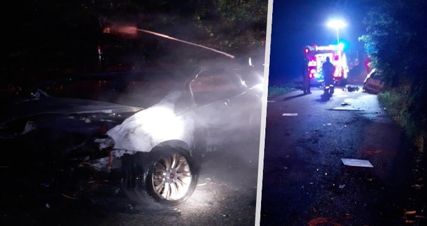U Úžic začalo po nehodě hořet auto: Uvnitř zemřel člověk