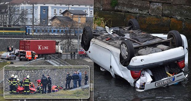 Vážná nehoda v Ústí! Kamion „pomohl“ řidičce (71) do řeky: Její vůz skončil na střeše!