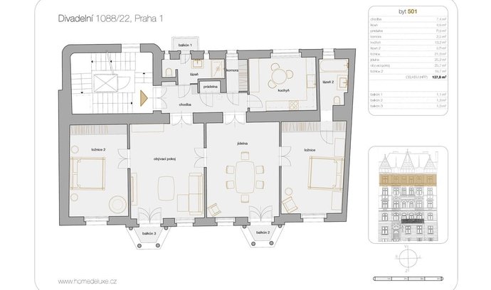 Luxusní byty 4+1 (cca 130 m2) v ulici Divadelní v centru Prahy seženete už od 69 milionů Kč.