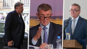 Zleva poradce Martin Nejedlý, premiér Andrej Babiš (ANO) a kancléř Vratislav Mynář (říjen 2021)