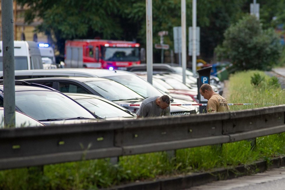 Pyrotechnická prohlídka auta Jiřího Dvořáka v Neklanově ulici v Praze.