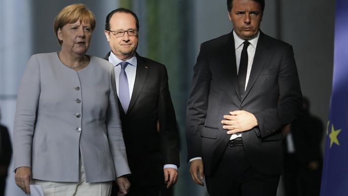 Německá kancléřka Angela Merkelová, francouzský prezident François Hollande a italský premiér Matteo Renzi