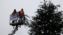 Aktivisté z ekologického hnutí Poslední generace (Letzte Generation) v centru Berlína u Braniborské brány uřízli špičku vánočního stromu. (21.12.2022)