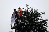 Špičkou stromu proti změnám klimatu. Aktivisté zničili symbol adventu v Berlíně, policie jen přihlížela