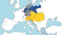 Takto vypadal Německý spolek roku 1820: Prusko modře, Rakousko žlutě, zbytek šedě.