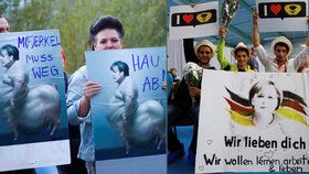 Protest proti Merkelové ve Schwerinu: Demonstranti použili i ponižující karikaturu. Jinde kancléřce projevují podporu.