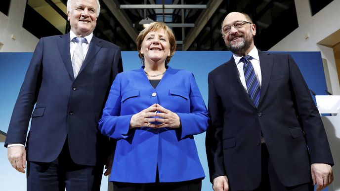 Angela Merkelová (CDU), Martin Schulz (SPD) a Horst Seehofer (CSU)