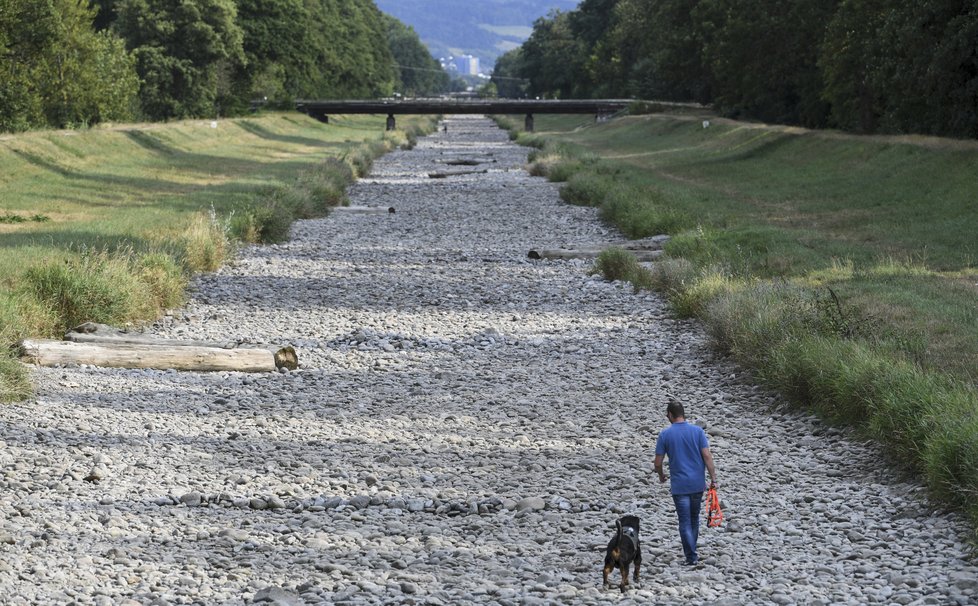 Řeka Dreisam v Německu vyschla úplně. Lidé si procházejí suché koryto