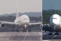 Děsivé přistání Airbusu A380. Vichr s ním lomcoval jako s papírovým letadélkem